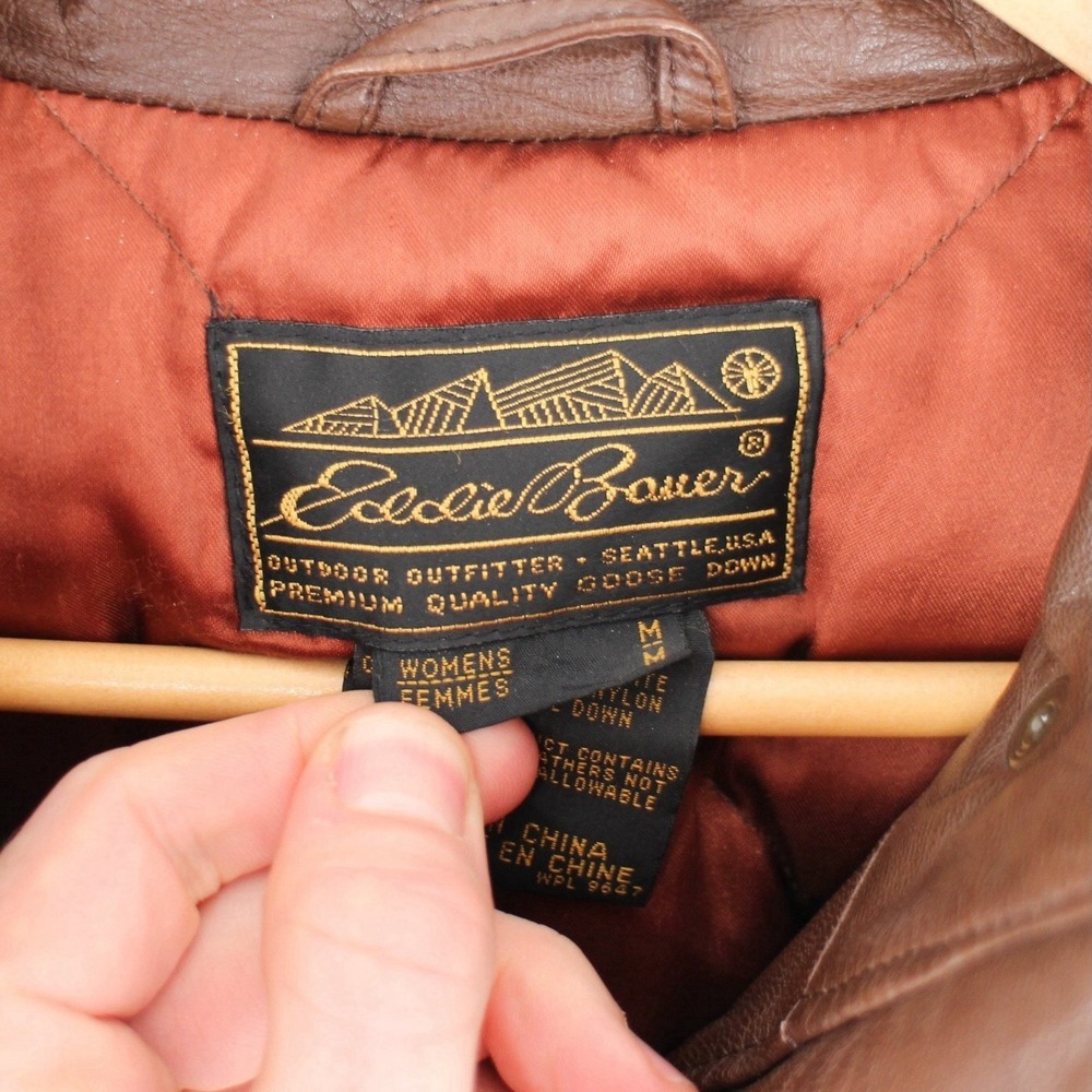 Vintage Eddie Bauer Leather Goose Down Bomber Jacket Brown Womens Medium - Picture 4 of 5